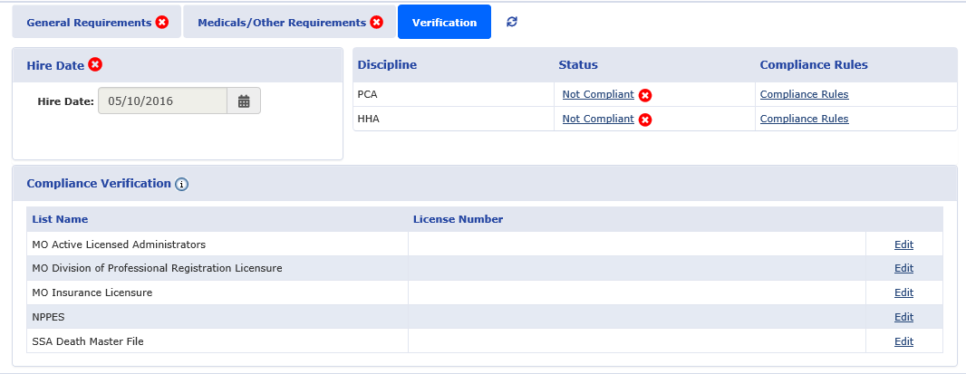 Caregiver Compliance Page: Verification Tab