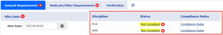 Caregiver Compliance Page: Discipline Status and Compliance Rules Section