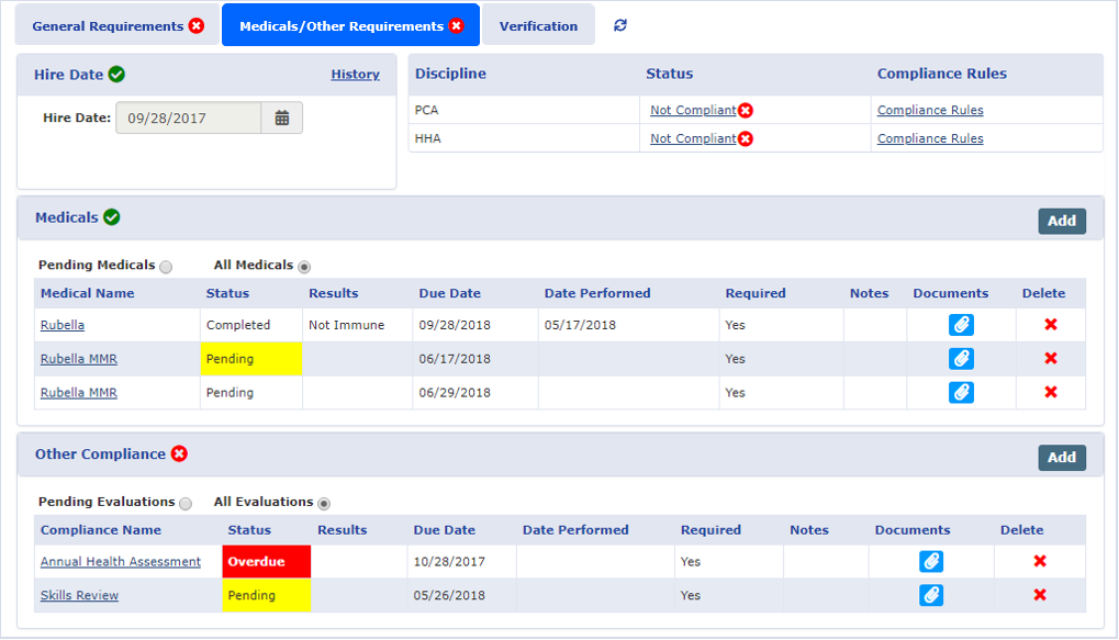 Caregiver Compliance Page: Medicals/Other Requirements Tab