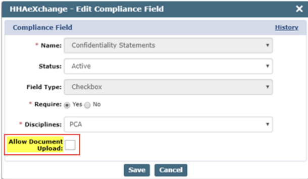 Compliance Field: Allow Document Upload Option