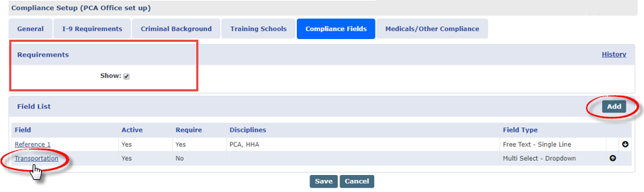 Compliance Fields Tab