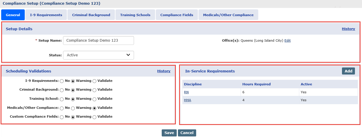 Compliance Setup: General Tab