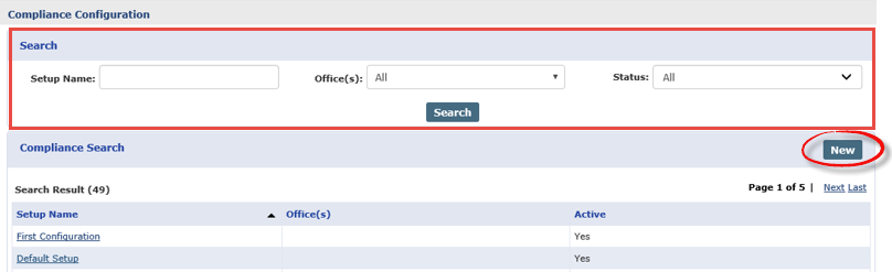 Create/Search Compliance Setup