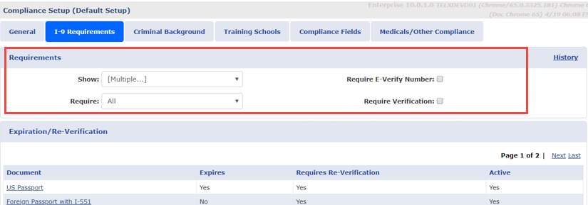 I-9 Requirements Tab