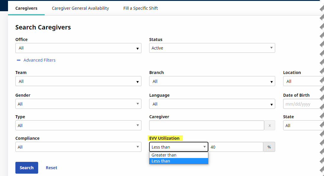 EVV Utilization Search: Greater or Less Dropdown Field