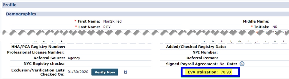 Caregiver Profile: EVV Utilization (Percentage Count) Field