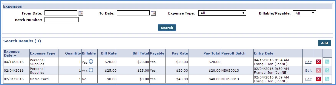 Expense Page in the Caregiver Profile