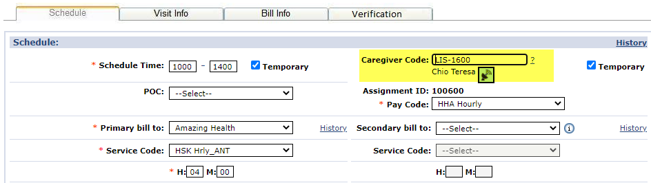 Visit Schedule Tab: Caregiver Assigned to Shift