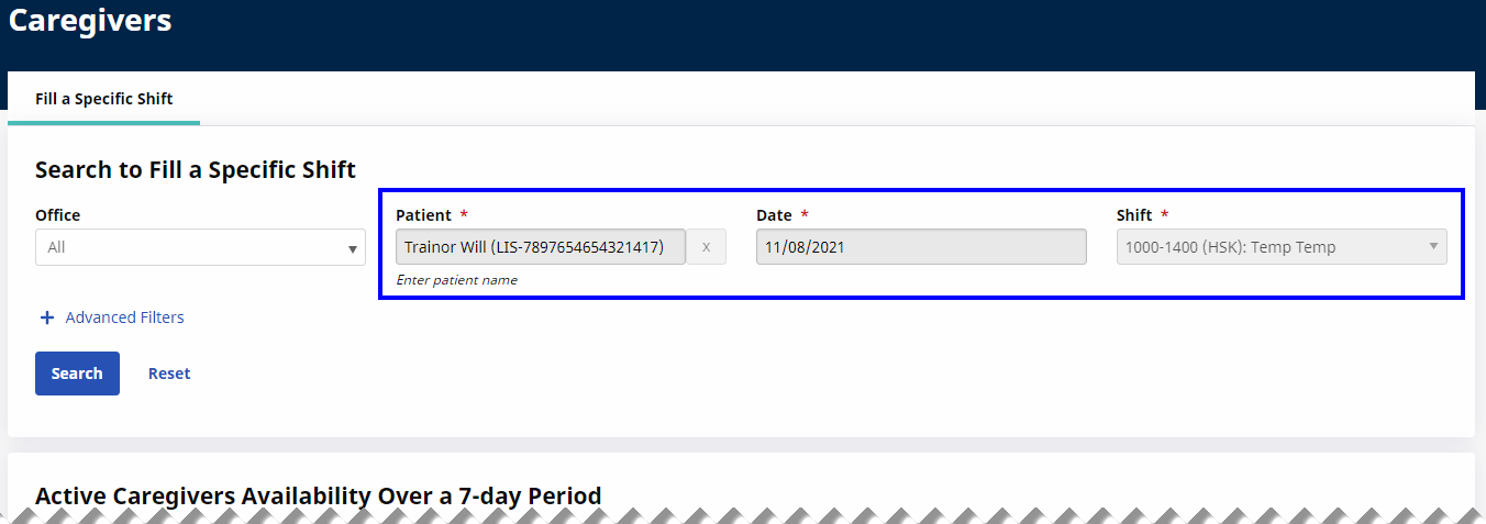 Caregiver Search: Fill a Specific Shift Option