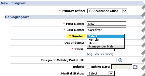 New Caregiver: Gender Field