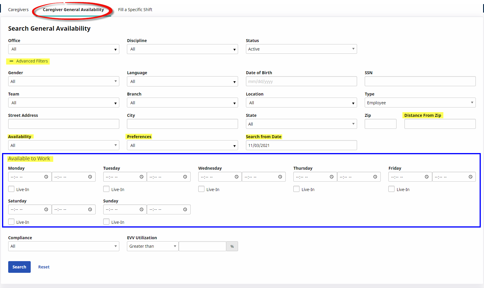 Caregiver Search: Availability Search Filters