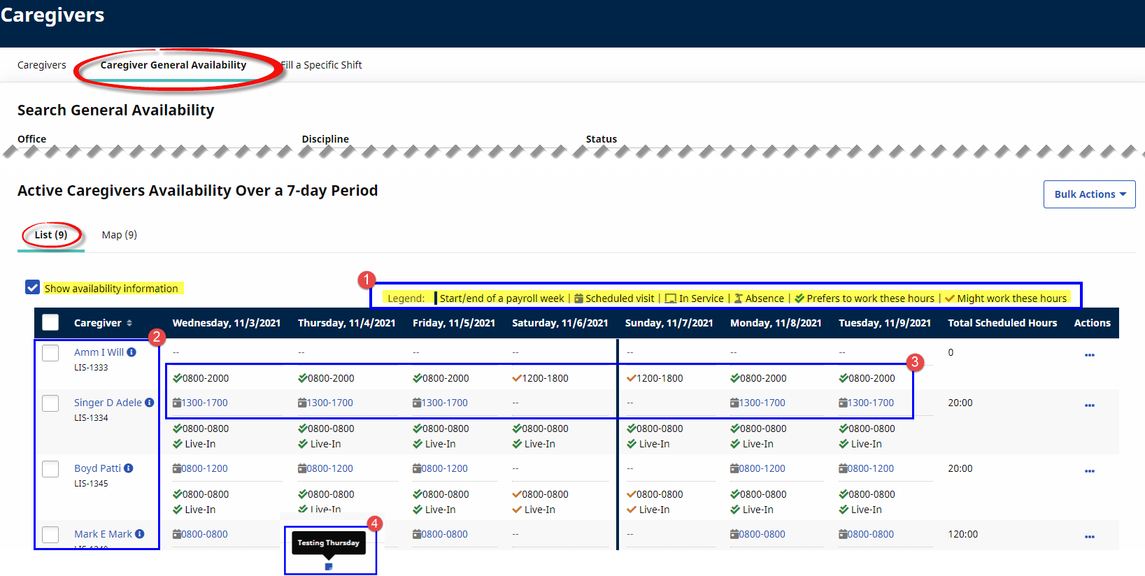 Availability Search: Search Results (Caregiver Availability and Shift Preferences)