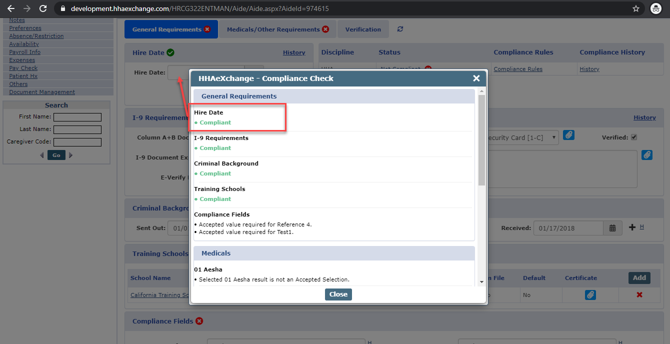 The Applicant shows as Compliant for Hire Date in the Compliance Check window.