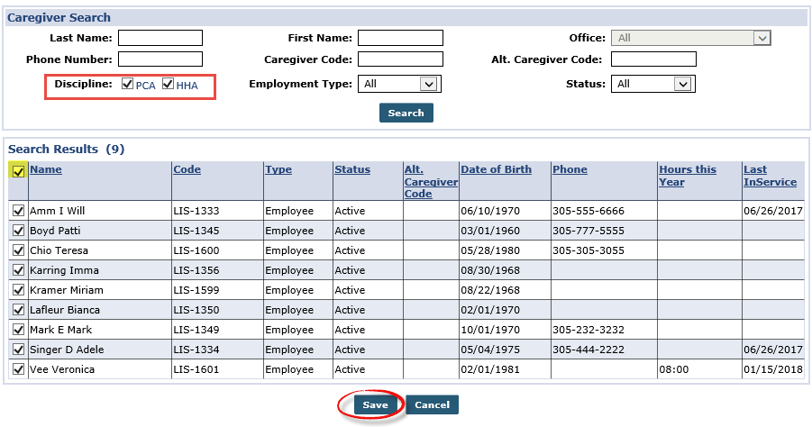 Search/Select Caregivers