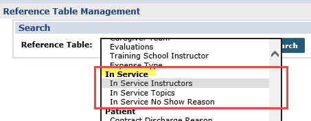 In Service Reference Tables