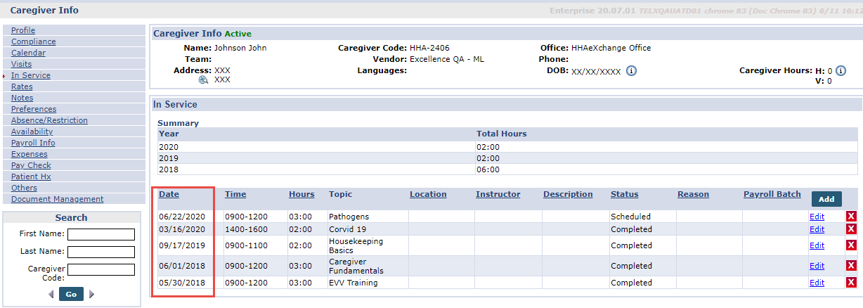 Caregiver In Service Page: Information in Ascending Order by Date