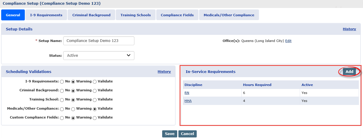 Compliance Setup: In-Service Requirements Section