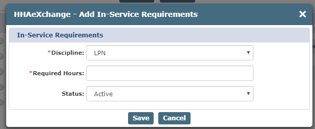 Add In-Service Requirements Window