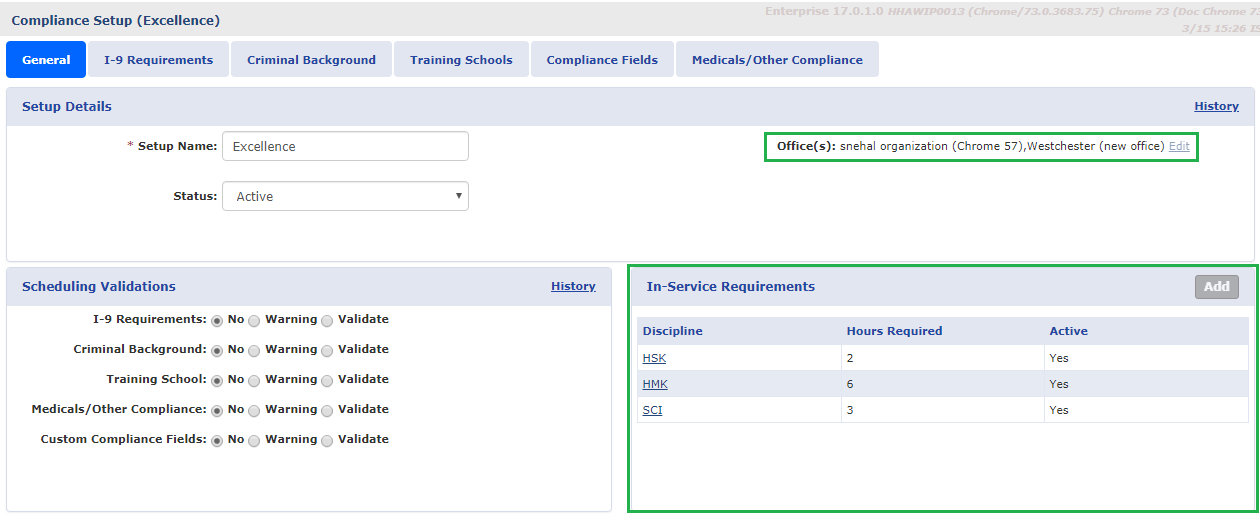 Compliance Setup: In-Service Requirements