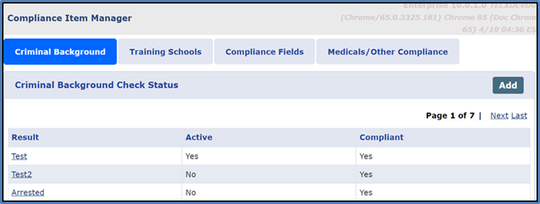 Compliance Item Manager: Functionality Tabs