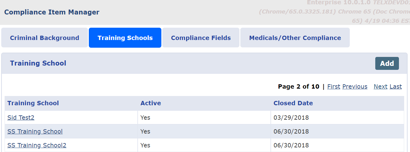 Training Schools: Table of Values