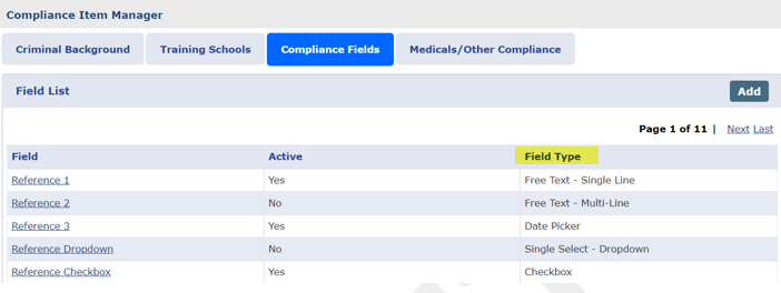 Compliance Fields: Table of Values