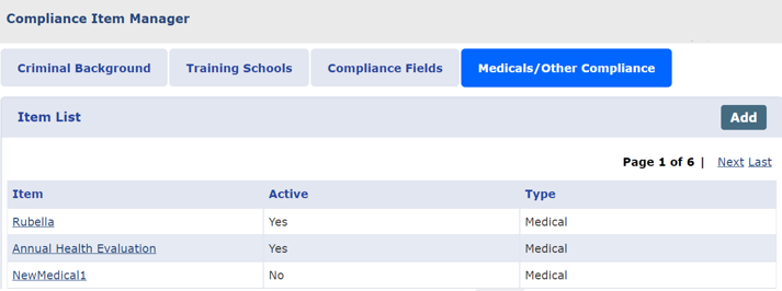 Medical/Other Compliance: Table of Values