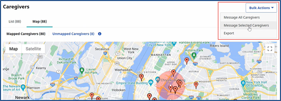 Map View: Message Selected Caregivers