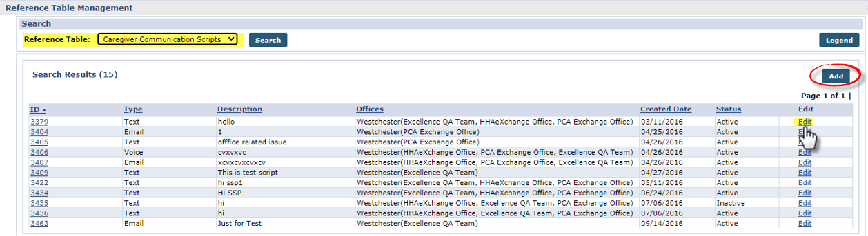 Reference Table Management: Caregiver Communications Scripts