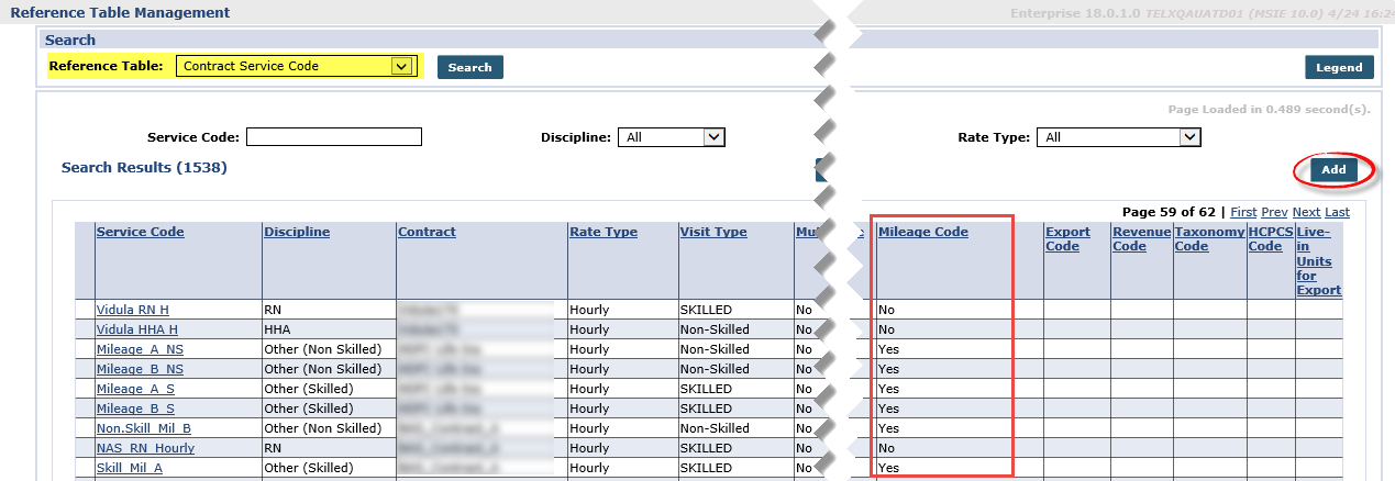 Reference Table: Contract Service Code / Mileage Code