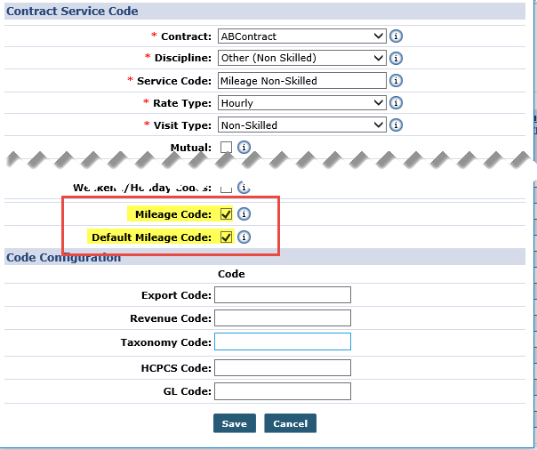 Contract Service Code Window: Mileage Codes