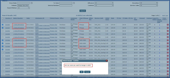 Selected Mileage and Visits in Single Invoice