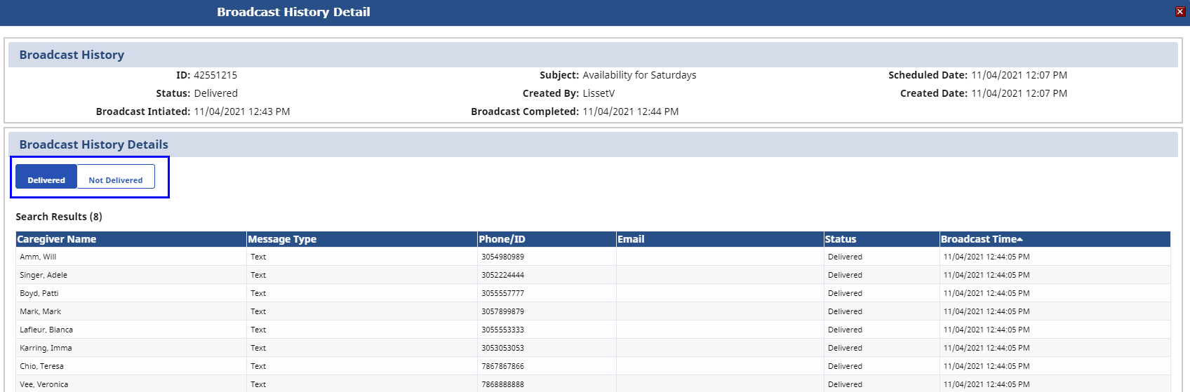 Broadcast History Detail: Delivered Broadcast