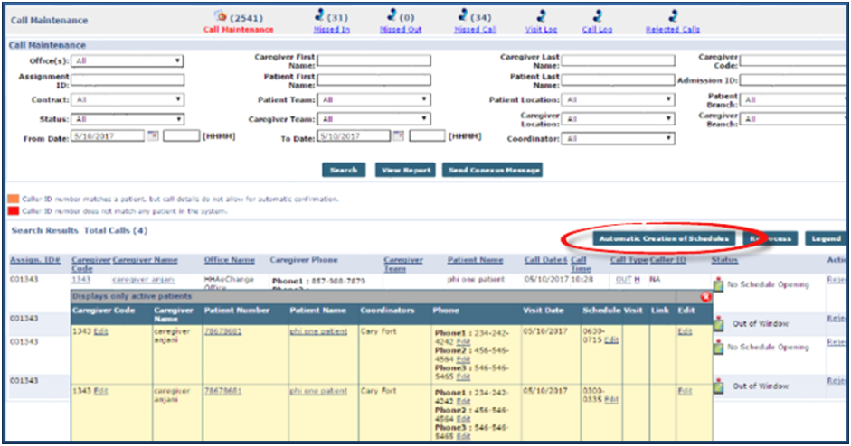 Call Maintenance Dashboard Caregiver Search