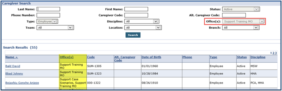 Caregiver Search Screen