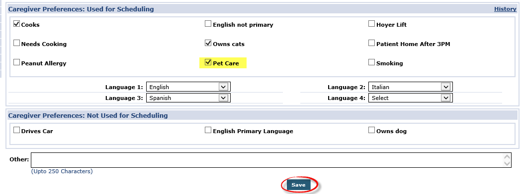 Caregiver Preference Page