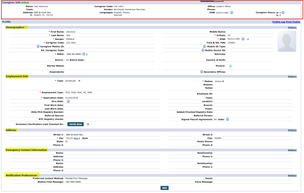 Caregiver Profile Page