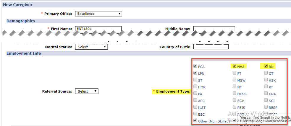 Creating a New Caregiver: Selecting Skilled and Non-Skilled Employment Types