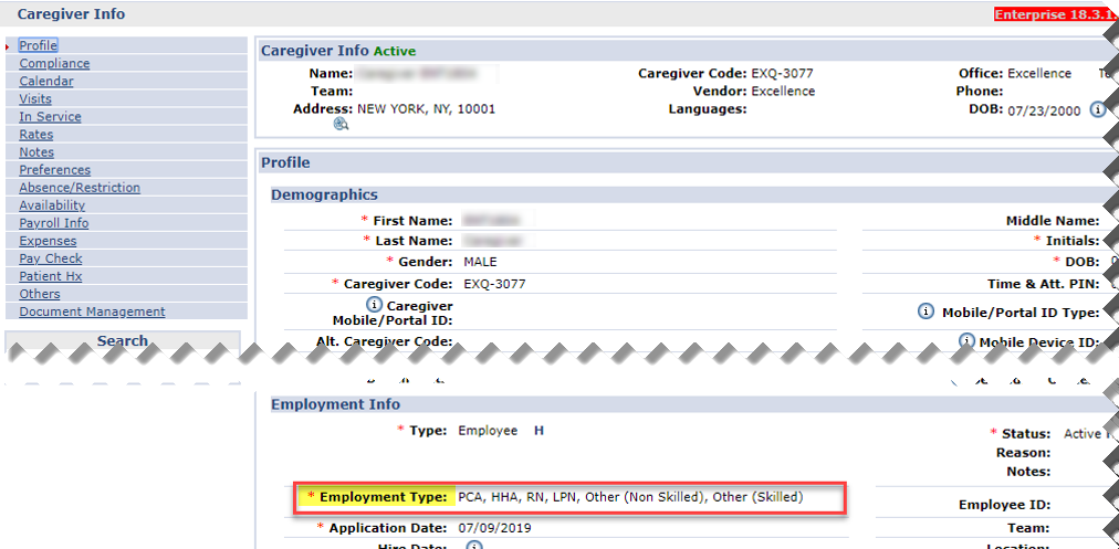 Caregiver Info Page: Employment Types