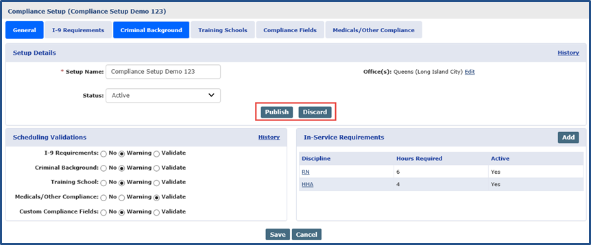 Compliance Setup: Publish/Discard Buttons (Feature)