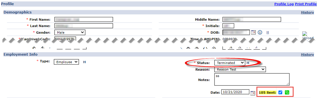 Caregiver Profile: Terminated Status (105 Sent Attachment)