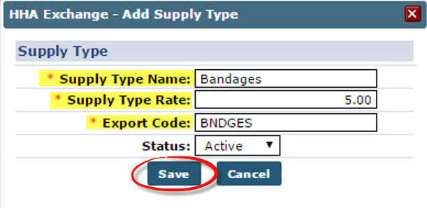 Add Supply Type Window