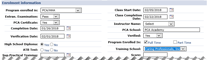 Trainee Enrollment Information Section