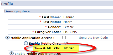 Caregiver Profile - Time and Attendance PIN