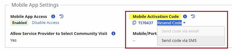 Mobile App Settings – Mobile Activation Code and Resend Code Options