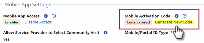 Mobile App Settings – Generate New Code