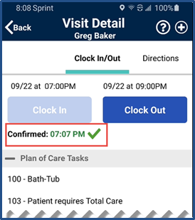 Confirmed Clock in on Visit Detail