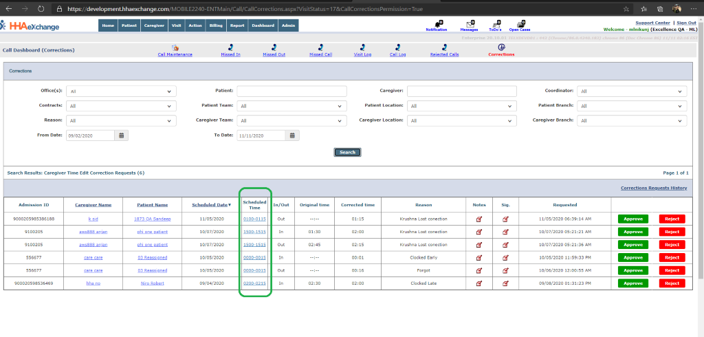 Call Dashboard Corrections: Added Scheduled Time Column