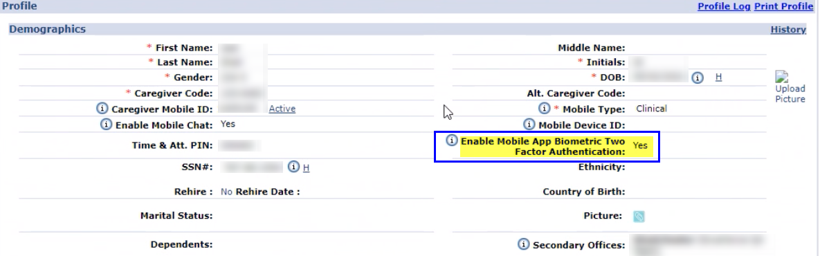 Caregiver Profile: Enable Mobile App Biometric 2FA Setting