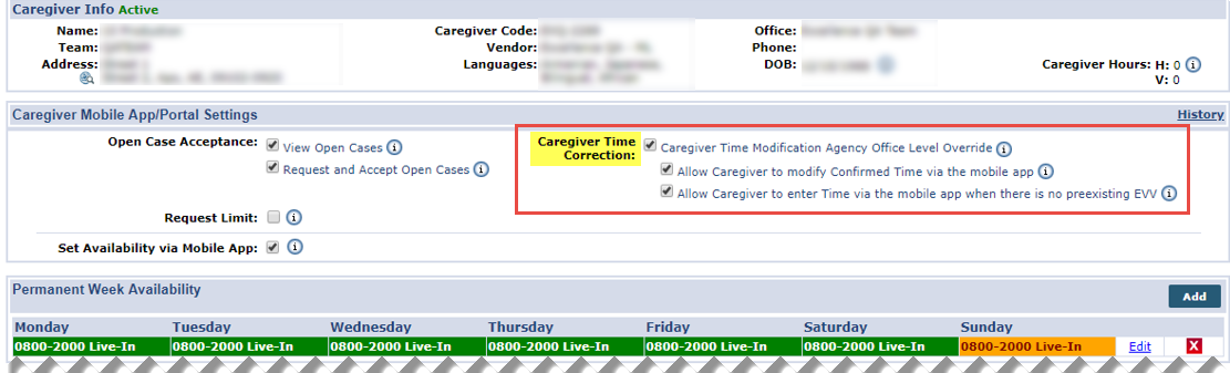 Caregiver Availability Page: Caregiver Time Edit Correction Options